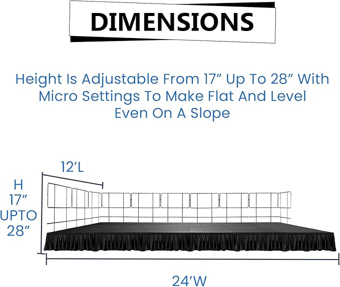 12x24' Portable Stage with 10 Railings & 6 Skirts - Performance Floor Modular System - DJ, Drum, Camera Stage Riser - Easy to Carry & Transport
