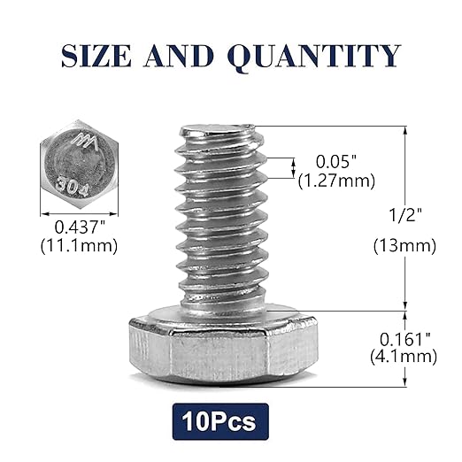 1/4-20 x 1/2" Hex Head Screw Bolt, 10Pcs 18-8 (304) Stainless Steel, Fully Threaded, Plain Finish by SG TZH