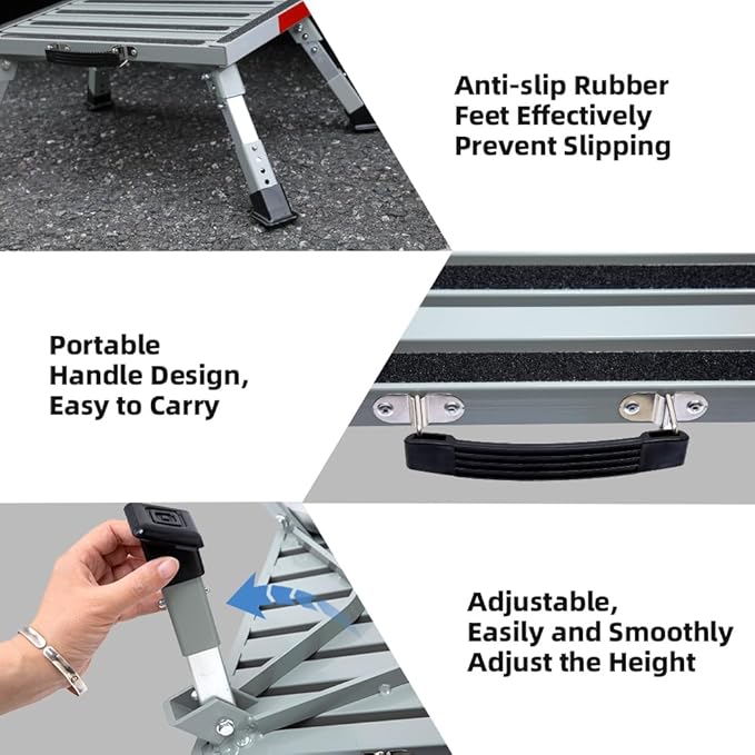 Homeon Wheels RV Step Stool, Adjustable Height Folding Iron Platform with Non-Slip Rubber Feet, Anti-Slip Stripe and Handle, Supports Up to 1000 lbs, 16.5" x 12.2", for Trailer, Truck, Outdoor Use