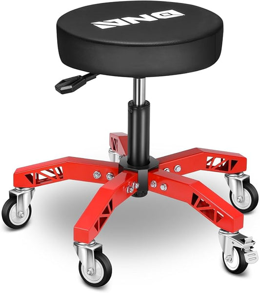 DNA Motoring Rolling Shop Stool, Adjustable Height Padded Rolling Seat, Pneumatic Roller Mechanic Stool for Garages, 300lbs Capacity, TOOLS-00635-BK-RD