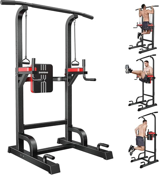 Power Tower Dip Station Pull Up Bar for Fitness Home Gym Workout,Multi-Function Adjustable Height Fitness Strength Training Exercise Equipment,with Power Elastic Ropes (Red Black)