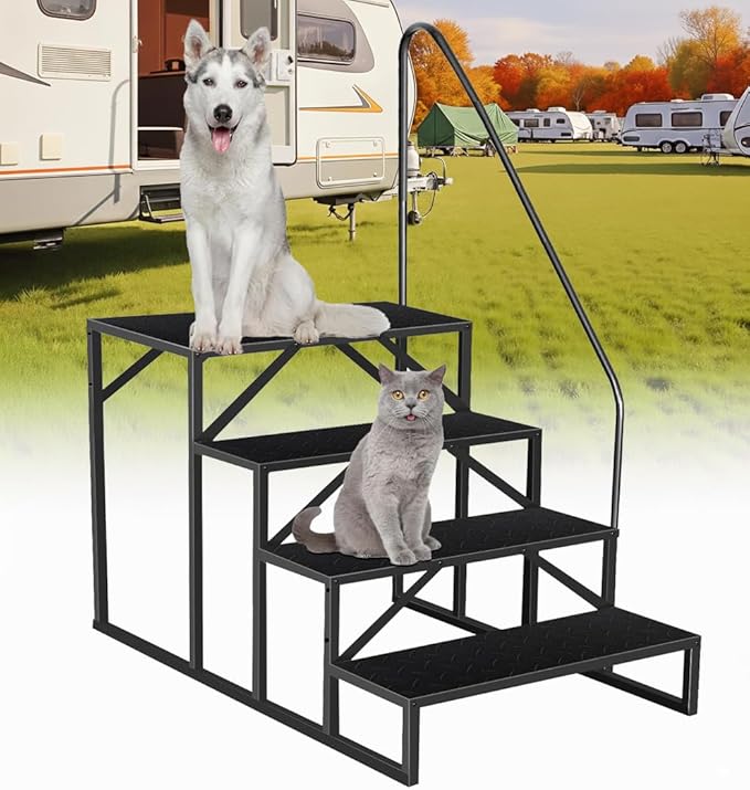 RV Steps with Handrail, 4 Step RV Stairs 660lbs Load Capacity, Heavy Duty Camper Steps with Wide & Anti-Slip Platform, Portable Outdoor Metal Entry Stairs for Hot Tub, Mobile Home, Travel Trailers