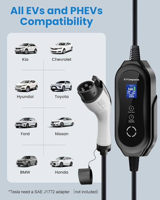 Level 1 & Level 2 EV Charger - 16A Adjustable Current, Timer Function | 110V-240V, 21FT Cable | Compatible with All SAE J1772 EVs/PHEVs | NEMA 6-20 Plug & 5-15 Adapter