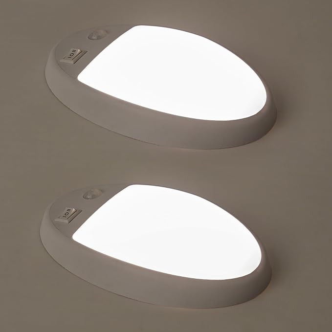 Facon 2Pack 12V DC RV Interior Light with PIR Motion Sensor & 3-Way Switch - Small Oval Pancake Ceiling Dome Light, 6000K Daylight White, ETL Listed for RV, Motorhome, Camper, Boat