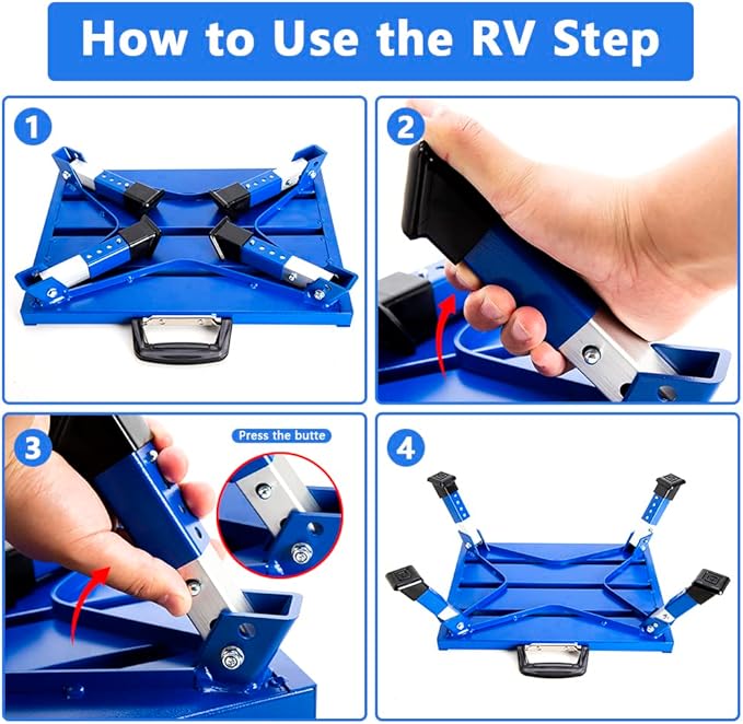 Homeon Wheels Aluminium RV Steps Adjustable Folding Step Stool with Non-Slip Rubber Feet, Stable Platform Supports 1000bs, Safety Strips, Handle, Easy Carry, Outdoor Camper Trailer Travel - Blue