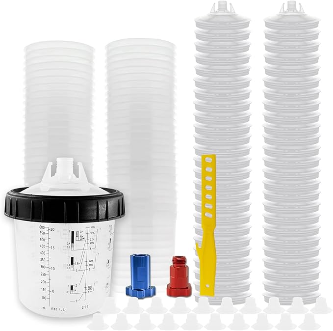 RRJ Disposable Paint Cup Spray Gun Cup, Paint System for LVLP and HVLP Spray Gun Kit 600 ML Mixing Cup with 50 Cups Liners and Lids, 1 Hard Cup with Retainer Ring, 2 Cup Adapter, Stirrer