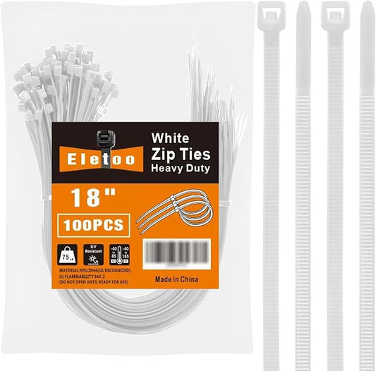 100 PCS 18 inch White Zip Ties Heavy Duty, 75LBS Tensile Strength, Self-Locking Heavy Duty UV Resistant Cable Ties for Indoor and Outdoor