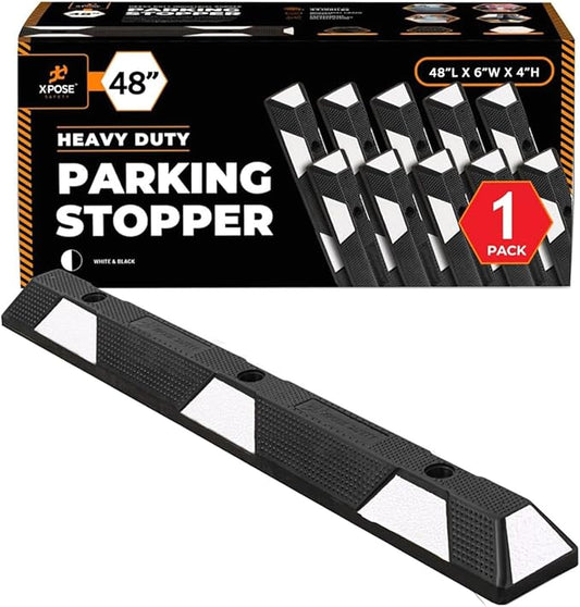 Xpose Safety 48" Heavy Duty Rubber Parking Stopper – 1 Pack Wheel Blocks for Garage, Driveway, or Ramp – Car Bumper Stop with White Reflective Strips – Removable Floor Mount