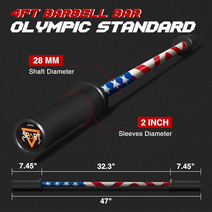 4FT Olympic Barbell Bar, 47Inch Straight Weight Bar with 2 Collars, Solid Olympic Bar with Bearings, 500Lbs Capacity Weightlifting Bar for Home Gym Strength Training, Suitable for 2 Inch Plates