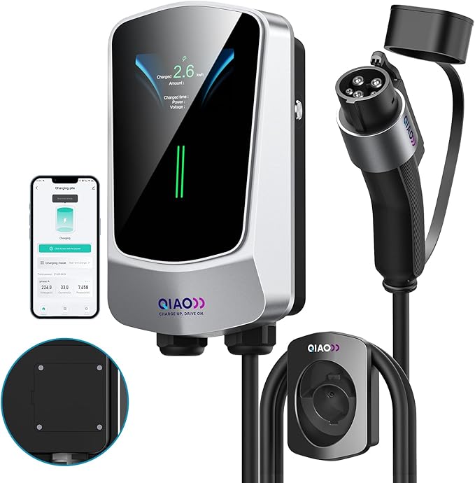 QIAO Level 2 EV Charger Hardwired, Home Charging Station UP to 48A, 240V with Smart APP & Scheduled Charging, J1772 Compatible for All EVs/PHEVs, 25ft Cable, 4.3in Display, IP65 Waterproof
