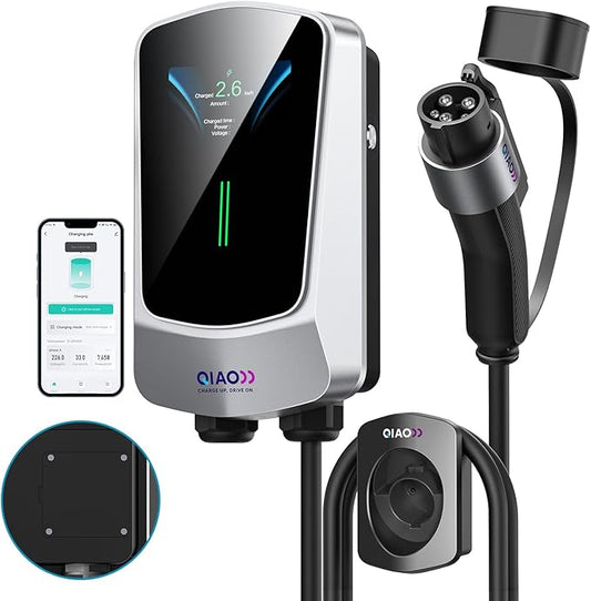 QIAO Level 2 EV Charger Hardwired, Home Charging Station UP to 48A, 240V with Smart APP & Scheduled Charging, J1772 Compatible for All EVs/PHEVs, 25ft Cable, 4.3in Display, IP65 Waterproof