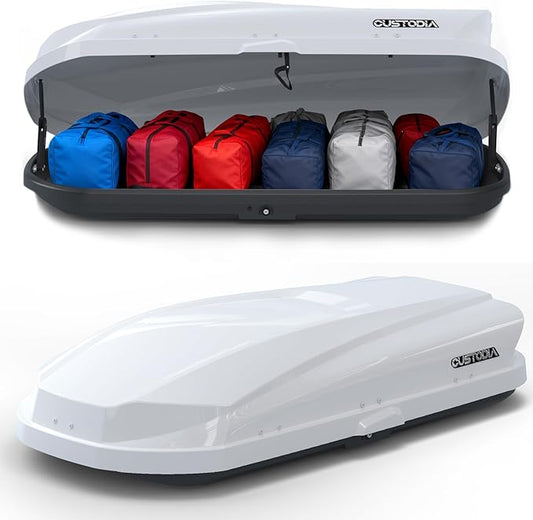 Roof Cargo Box, Dual-Side Opening Design, 14 Cubic Feet Capacity, Waterproof Hard-Shell Storage Box, Includes Straps and Spare Key,Ideal for Travel and Luggage Transport,White (W62)