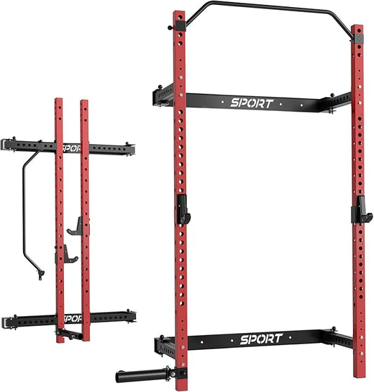 Folding Squat Rack for Home Gym, 2.36" x 2.36" Folding Power Rack with Pull Up Bar, J Hooks and Landmine Attachments, 1000 LBS Capacity Wall Mounted Squat Rack, Space Saving Weight Cage