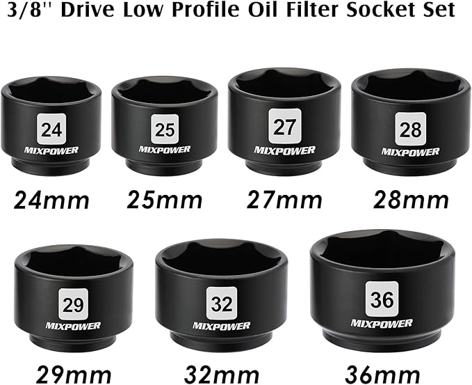 MIXPOWER 7 Pieces 3/8" Drive Low Profile Oil Filter Socket Set, 24mm, 25mm, 27mm, 28mm, 29mm, 32mm, 36mm, Oil Filter Cap Remover and Installer Tool Set