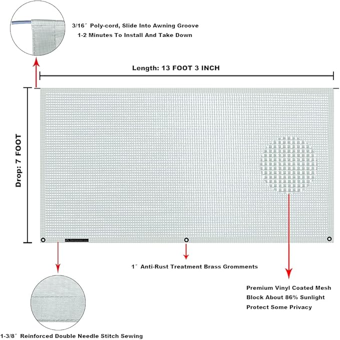 Tentproinc RV Awning Sun Shade Screen 7' X 13' 3'' (Fit for 14' Awning) Mesh Screen Sunshade Motorhome Camper Trailer Awning Sunscreen Shadescreen UV Blocker Complete Kits - 3 Year Warranty -Gray