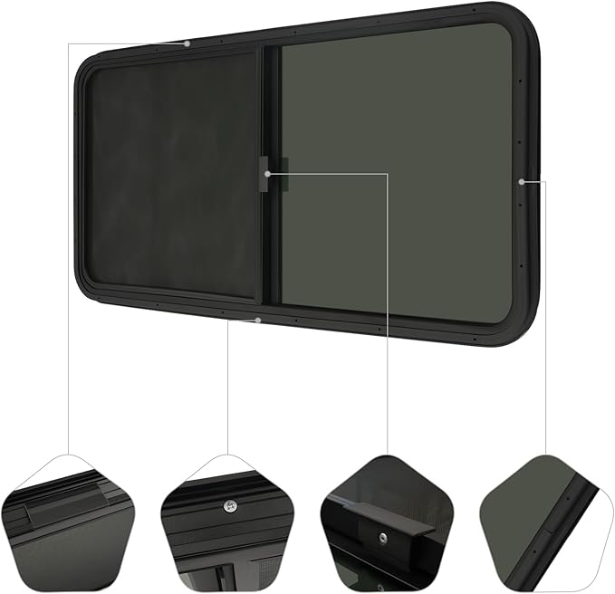 RV Window, Teardrop Horizontal Slide Black RV Window, Vertical Sliding RV Window 24" W X 20" H Horizontal Sliding Window Camper Trailer Window Horizontal Sliding Replacement Glass W/Trim Ring