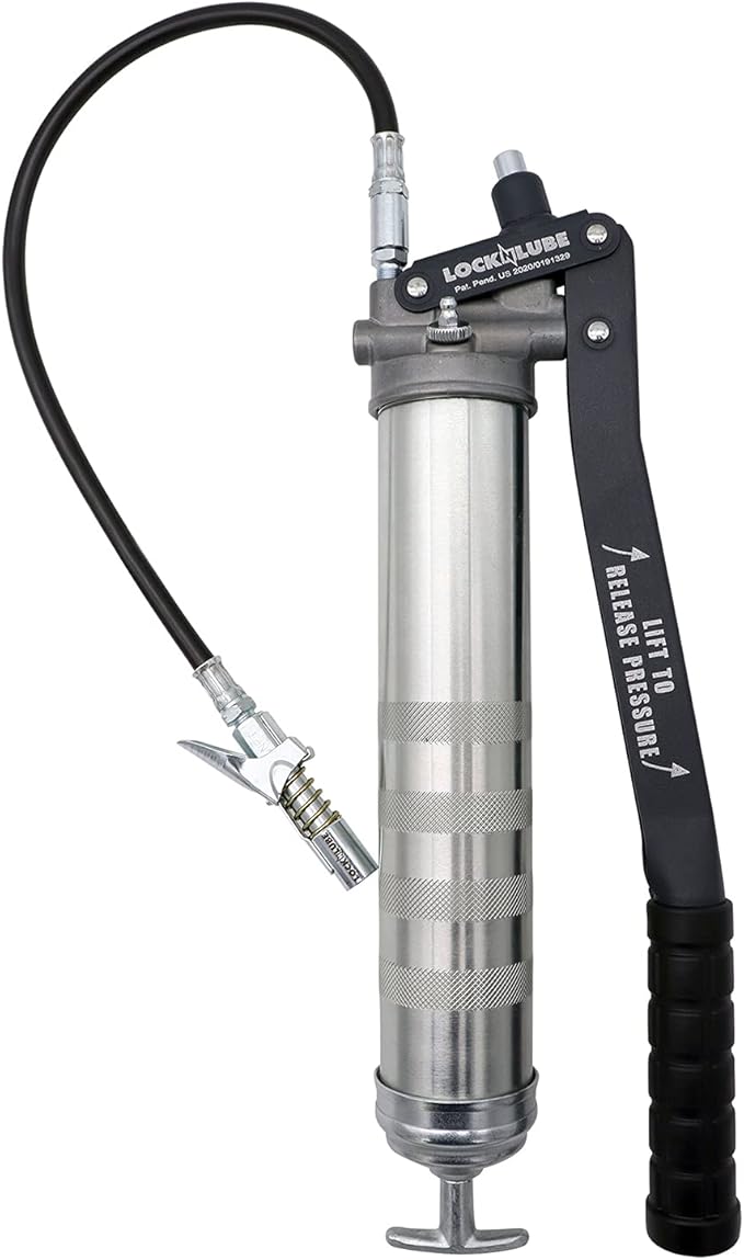 LockNLube Professional Series Lever Grease Gun. Includes Our Patented Grease Coupler (Locks on, Stays on, Won't Leak!) Plus a 20" Hose and in-line Hose Swivel.