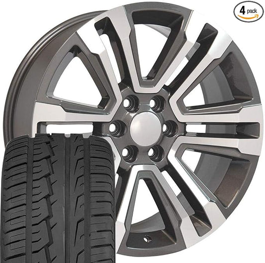 OE Wheels CV44 22 Inch Rims and Tires Fit Yukon Denali Style 6x139.7 22x9 Gloss Gunmetal Machined - Hollander 5822 - iMove Gen 2 SUV 285/45-22 (Set of 4)