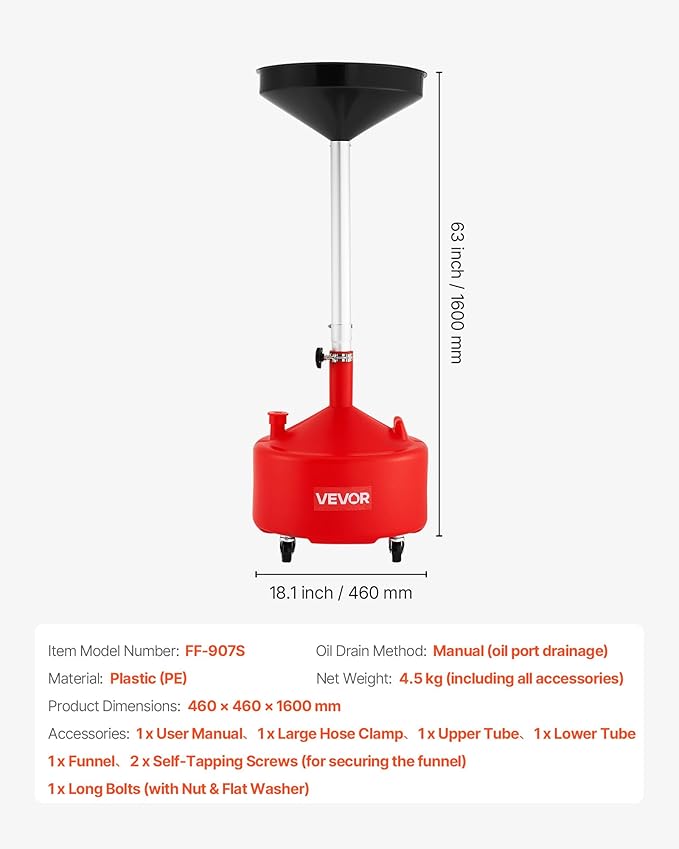 VEVOR 8 Gallon Waste Oil Drain Tank, Industrial Fluid Drain Tank with Adjustable Funnel Height, Portable Oil Drainer with Wheels, Fluid Fuel Transfer Drainage for Auto Repair Shops, Garages, Red