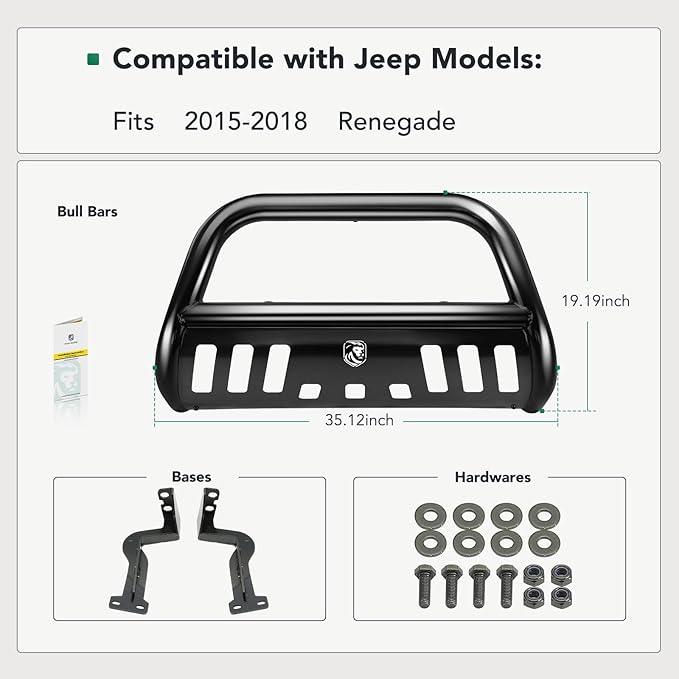 YHTAUTO 2.5" Bull Bar Push Bar with Skid Plate Light Mount Fit Jeep Models, BU Series Renegade 2015 2016 2017 2018, Alloy Steel Brush Guard for Truck Front Bumper Off Road Accessories