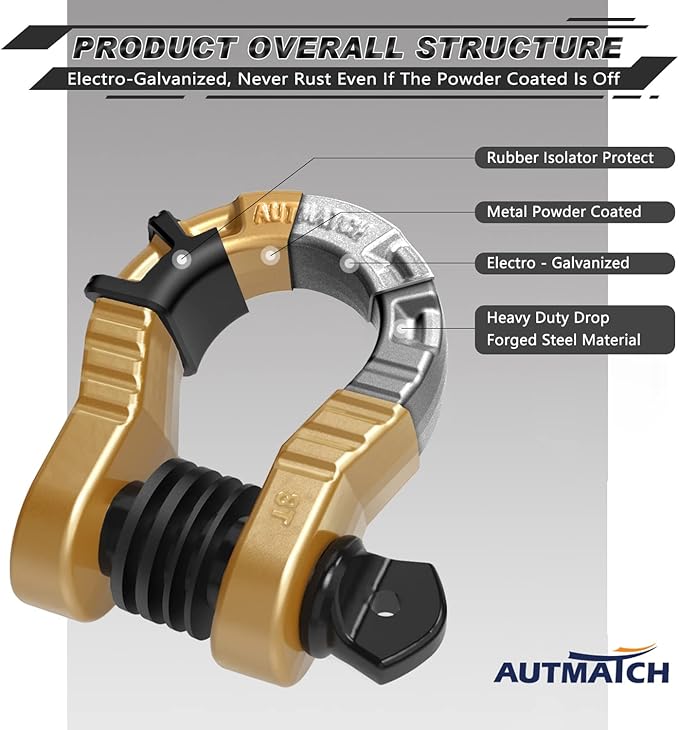 AUTMATCH D Ring Shackles 3/4" Mega Shackle (2 Pack) 68,000Ibs Break Strength - Heavy Duty Clevis Shackles with 7/8" Screw Pin and Isolator Washer for Tow Strap Winch Off Road Vehicle Recovery, Gold
