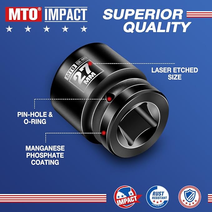 MTO 1/2" Drive 27mm Shallow Impact Socket, 6-Point Metric Socket, CR-MO Steel & Anti-Corrosion Coating for Tight Spaces and Heavy-Duty Tasks