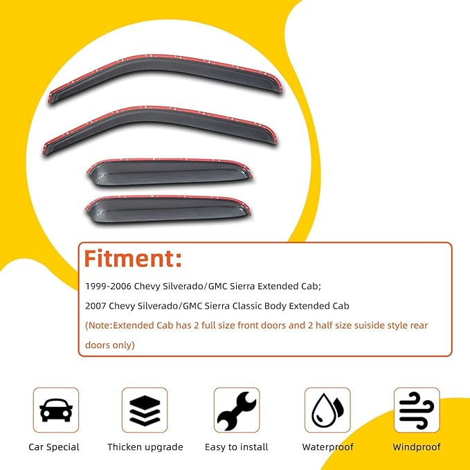 Window Visor Rain Guards Compatible with 1999-2006 Chevy Silverado/GMC Sierra 1500/2500/3500/2500HD, 2007 Classic Body Extended Cab Window Deflectors Vent Visor Shades for Trucks Tape-On