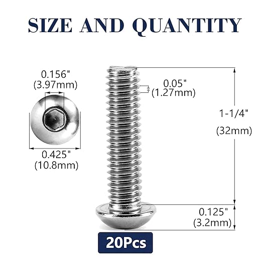 1/4-20 x 1-1/4" Button Head Socket Cap Bolts Screws, 20Pcs 304 Stainless Steel 18-8, Allen Hex Drive, Bright Finish by SG TZH(with Hex Spanner)
