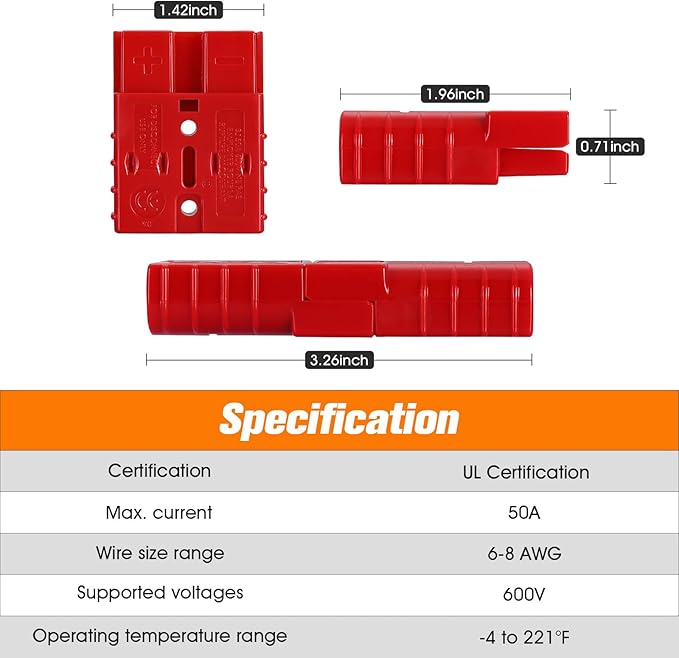 10 Pcs 6-8 Gauge 50 Amp Battery Quick Connect/Disconnect, Jumper Cable Plug Connector Kit for Recovery Winch, Forklift, Towing Systems(Red)