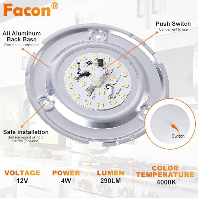 Facon 4.5" LED RV Puck Light Surface Mount - 2Pack, SY-SM45 12V RV Dome Light with Switch, 290LM Cool White (4000K), Ideal for RVs, Motorhomes, Campers, Marine Vehicles