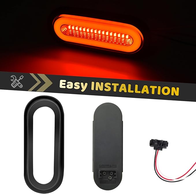 2Pcs 6" inch Clear Lens Oval Red 52 LEDs Trailer Boat Halo Brake Stop Running Turn Signal Tail Lights【Patented】 w/Rubber Grommet, Sealed Submersible IP67 for Truck/RV/Van, DC 12V
