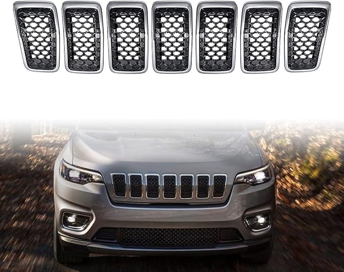 AstraDepot Front Grille Grill Honeycomb Insert Mesh Cover Trim Compatible for Jeep Cherokee 2019-2023 Chrome + Matte Black