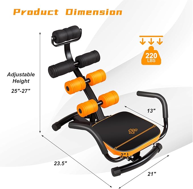 Ab Workout Machine, Height Adjustable Ab Rocker Trainer w/Ergonomic Curved Back, Cushioned Seat, Strong Spring Boost for Core Strength Training, Compact Sit Up Machine for Home Gym