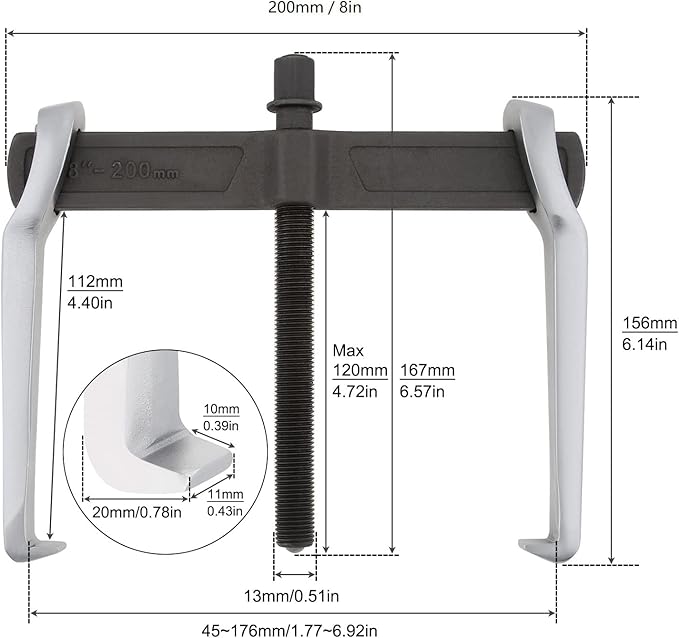 ChgImposs 8 Inch 2-Jaw Gear Puller, Adjustable Bearing Puller Gears, Reversible Removal Tool for External Internal Pulling, CR-V Two Claws Puller Tool for Removal of Pulleys Flywheels Bearings Gears