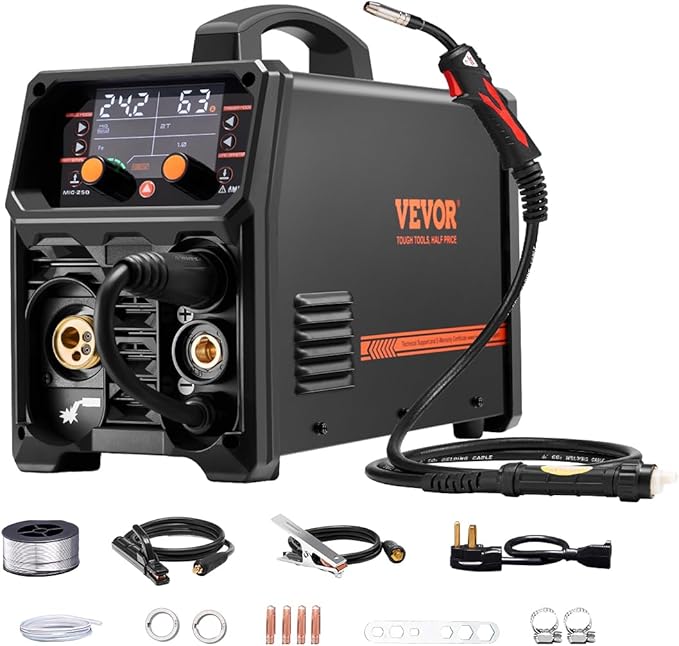 VEVOR Pro MIG Welder, 250A Pluse Mig Welding Machine, 5-in-1 Synergic Welder Machine MIG Pluse/Gas MIG/Flux Core MIG/Stick/Lift TIG, 110V/220V Dual Voltage Aluminum Mig Welder with LCD Screen Display