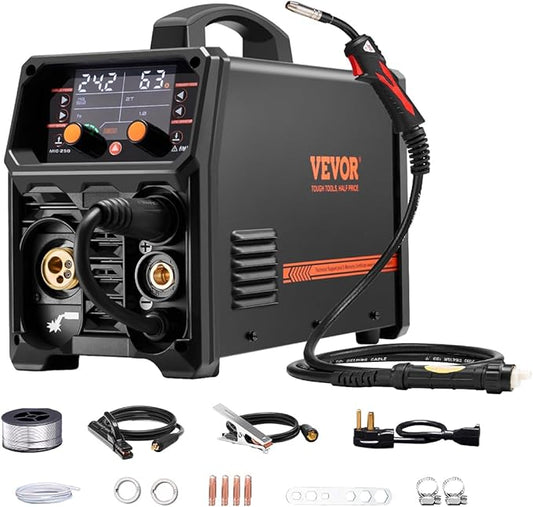 VEVOR Pro MIG Welder, 250A Pluse Mig Welding Machine, 5-in-1 Synergic Welder Machine MIG Pluse/Gas MIG/Flux Core MIG/Stick/Lift TIG, 110V/220V Dual Voltage Aluminum Mig Welder with LCD Screen Display