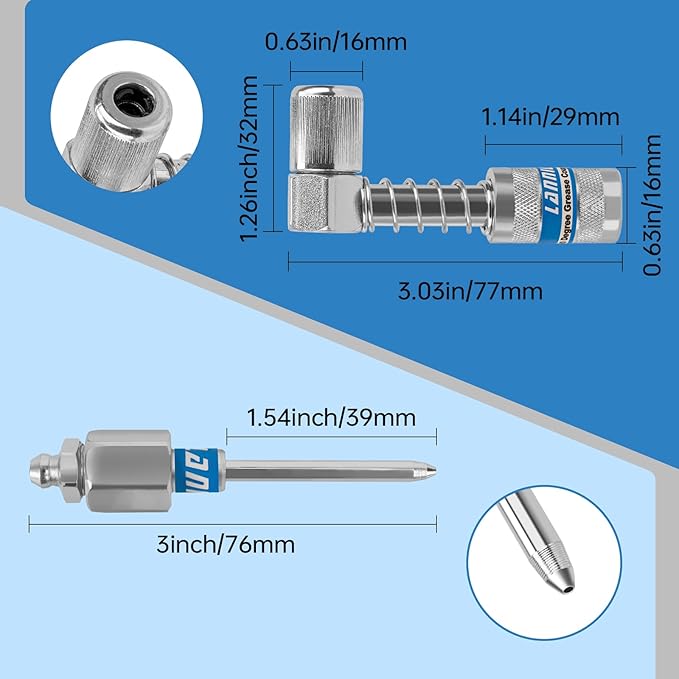 Grease Gun Coupler Kit - 12000 PSI Strong Lock Grease Coupler with 90 Degree Grease Coupler Adapter & Grease Needle Tip, Heavy Duty Lubrication Grease Gun Tips for All 1/8'' NPT Fittings