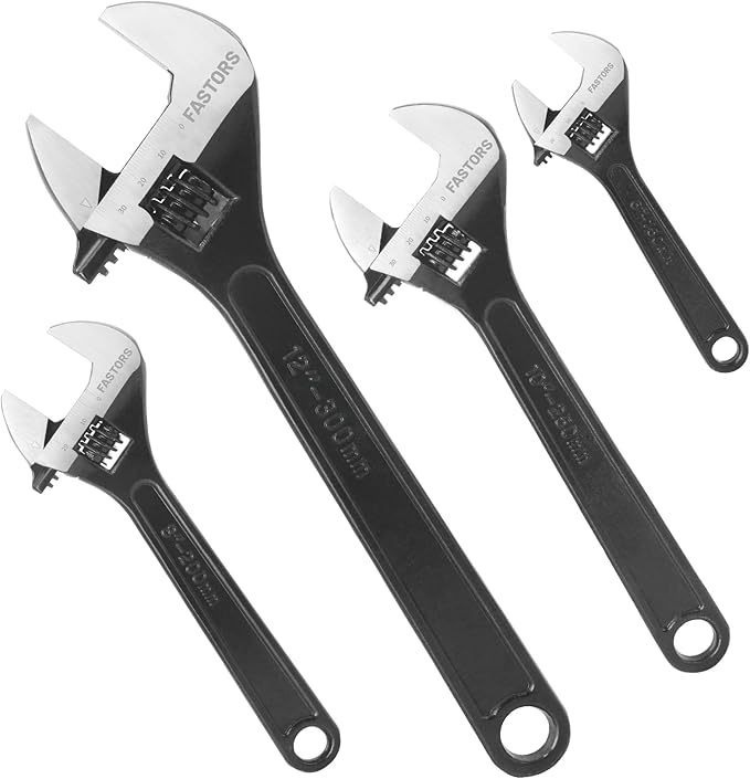 4-Pack Adjustable Wrench,6"/8"/10"/12” Drop Forged Black Oxide Heavy Duty with Smooth Jaw