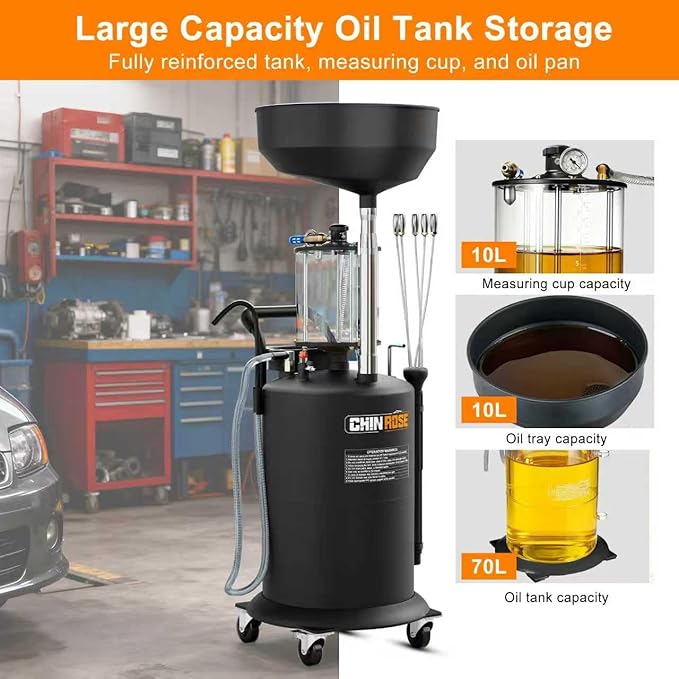Waste Oil Drain Tank 18.5 Gallons Fortable Oil Lift Drain Extractor & Collector Kit Pneumatic Drainer for Automotive Fluids Waste Oil Container with Air Operation & Wheel (Black)