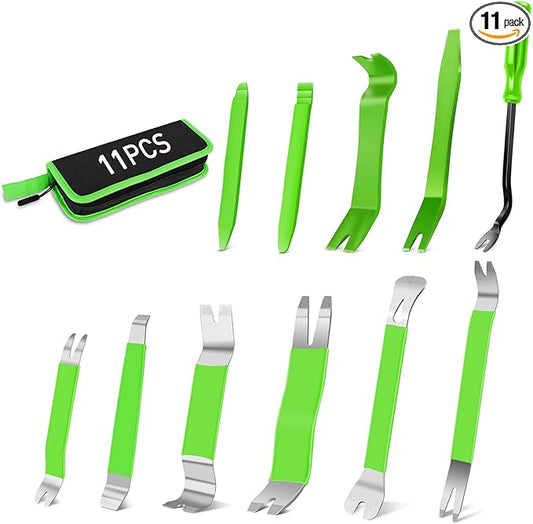 GOOACC 11 PCS Trim Removal Tool Kit, Metal Pry Tool Auto Fastener Remover Pry Bar Set Car Door Panel Removal Tool Dashboard Repair Kit Green