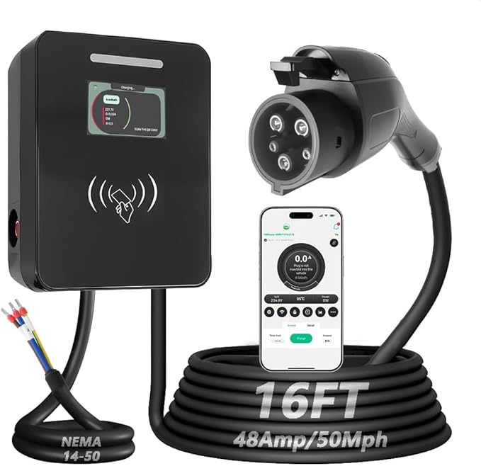Level 2 EV Charger Electric Vehicle Charging Stations Hardwired 48 Amp 240V NEMA 14-50 J1772 Connector 11.5KW Wall-Mounted EV Charger FCC ETL ROHS Certified for EVs/PHEVs (WiFi APP/Plug-Play)