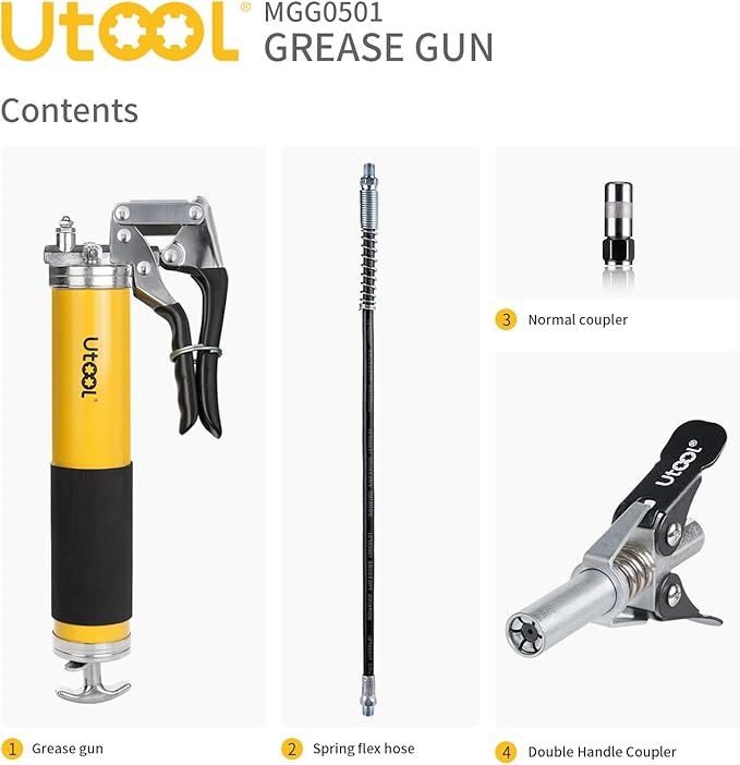 UTOOL Grease Gun, 8000 PSI Heavy Duty Pistol Grip Grease Gun Kit with 14 oz Capacity, 18 Inch Resin Flex Hose, 1 Patented Double Handle Coupler, 1 Basic Coupler