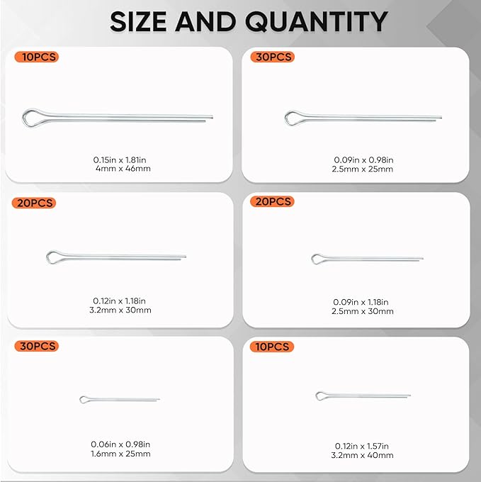 120Pcs Cotter Pins, 6 Sizes Hardware Cotter Pins Clip Assortment Kit - 304 Stainless Steel R Hairpin Cotter Fastener Clip Suitable for Truck and Engine Maintenance, Hanging Needle Lock System