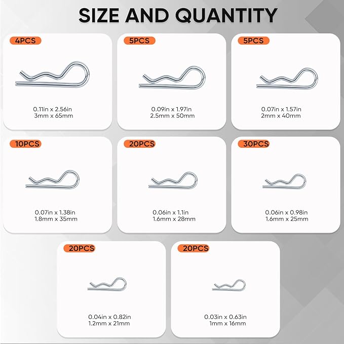 197Pcs Hitch Pin,13 Sizes Hardware Cotter Pins Clip Assortment Kit - 304 Stainless Steel R Hairpin Cotter Fastener Clip Suitable for Truck and Engine Maintenance, Hanging Needle Lock System