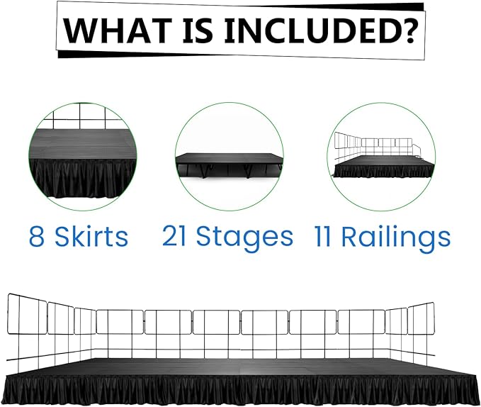 12x28' Portable Stage with 21 Stages, 11 Railings & 8 Skirts - Versatile Platform Modular System - DJ, Drum, Camera Stage Riser - Easy to Carry & Transport