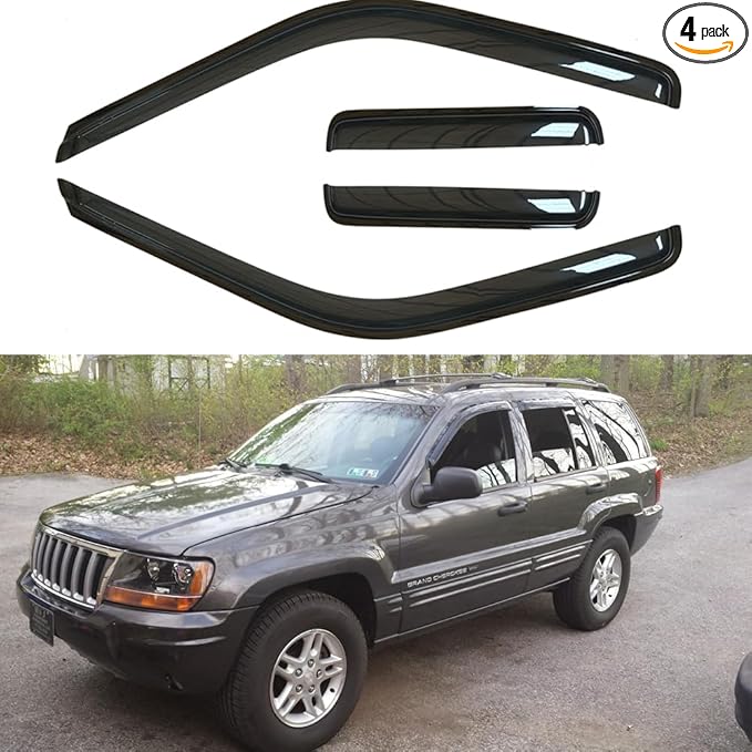 4pcs Wind Deflector, Outside Mount Tape-On Waterproof Protective Rain Guards, Sunroof Side Window Visors Compatible with 1999 2000 2001 2002 2003 2004 Jeep Grand Cherokee All Models 94650