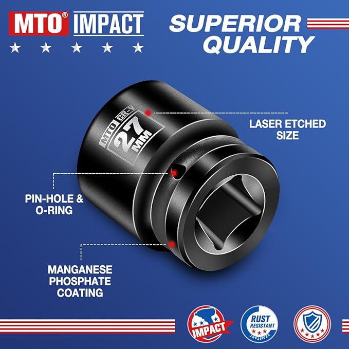 MTO 1/2" Drive 27mm Shallow Impact Socket, 6-Point Metric Socket for Automotive Maintaince, CR-V Steel Meets ANSI Standards