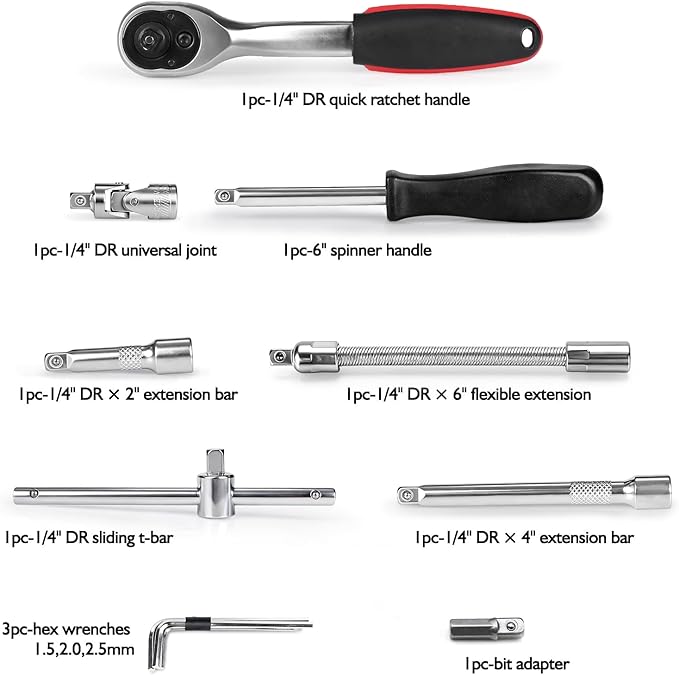 Egofine 46 Pieces 1/4 inch Drive Socket Ratchet Wrench Set, with 72-Teeth Ratchet Wrench, S2 Bit Socket Set, Extension for Auto Repairing and Household, with Storage Case