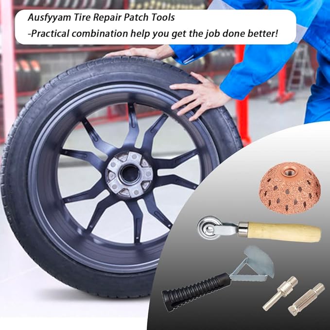 Tire Repair Tools Tire Buffing Wheels 42 mm Tungsten Steel Buffing Wheel with Tire Patch Roller Scraping Cutter for Car Tire Grinding Polishing Accessories Kit