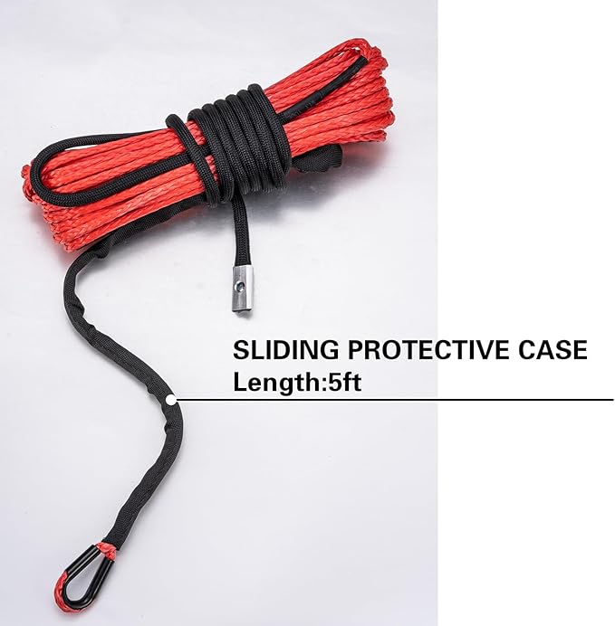 Synthetic Winch Rope 1/4" x 50 ft, 10,000 lbs Pulling Strength, with Protective Sleeve, Safety Pull Strap for ATV, UTV, and Offroad Vehicles (Red, 1/4" x 50 ft)